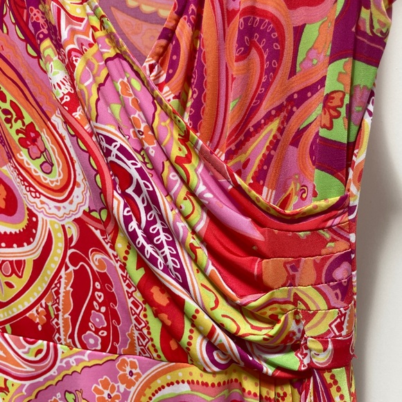 Chaps Sleeveless Faux Wrap, Midi V Neck Dress. Paisley Surplice Orange & Pink 🩷 - Picture 4 of 9